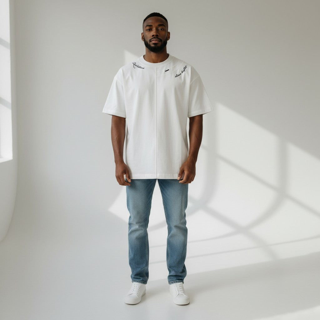 Men's White Script Embroidery Oversized Round-Neck Tee