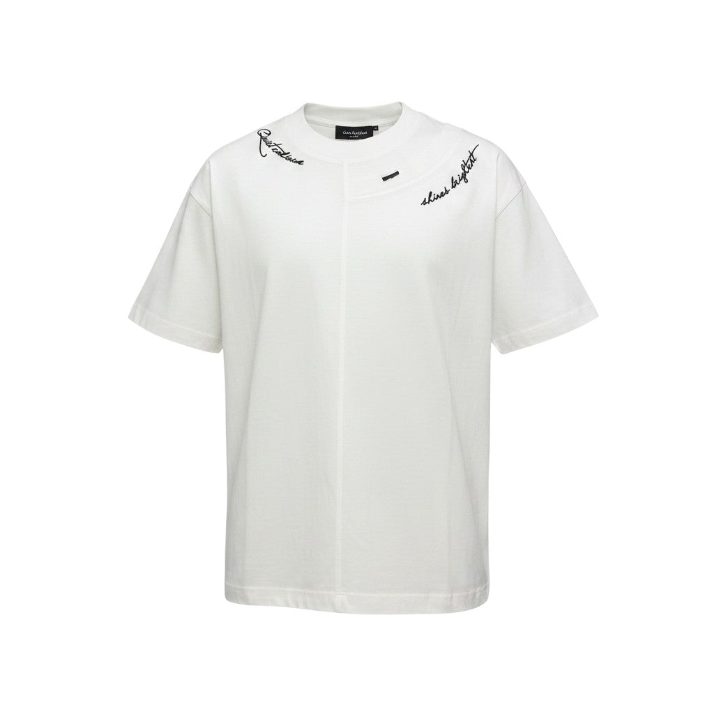 Men's White Script Embroidery Oversized Round-Neck Tee