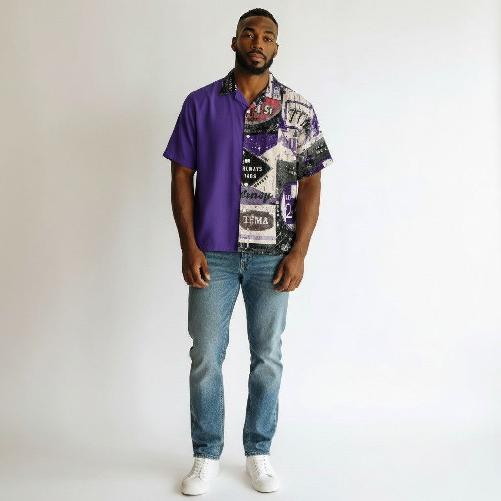 Men's Purple Split-Panel Patchwork Cuban Collar Shirt