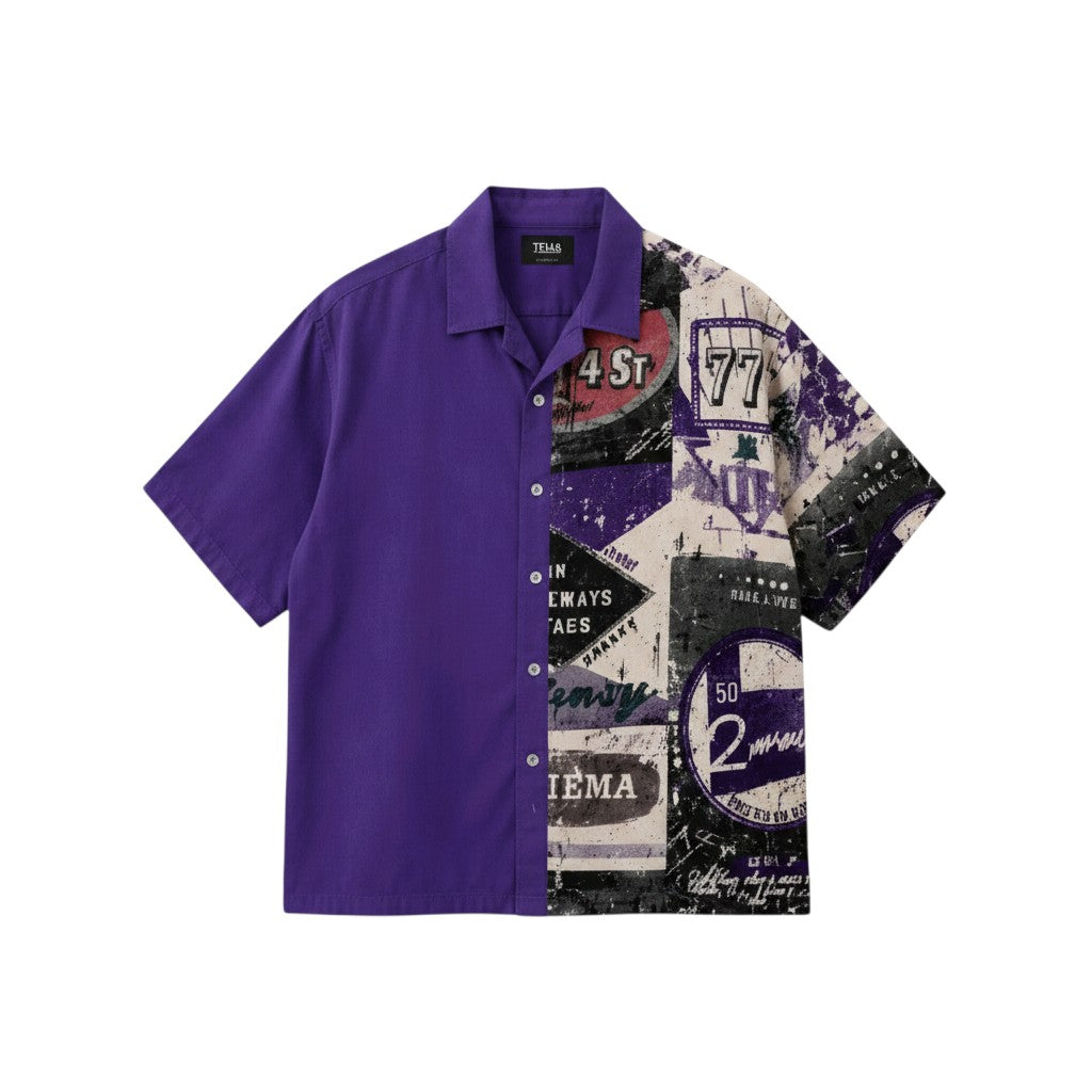 Men's Purple Split-Panel Patchwork Cuban Collar Shirt