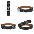Black Leather Silver Double-Ring Logo Buckle Men's Belt