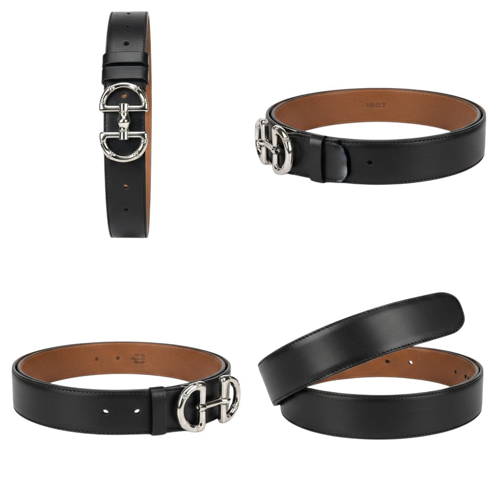 Black Leather Silver Double-Ring Logo Buckle Men's Belt