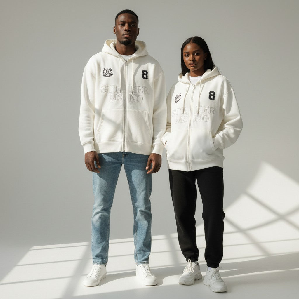 Striker No.8 Zip-Up Hoodie – White