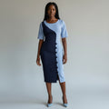 Women's White & Navy Colour Block Button Detail Bodycon Midi Dress