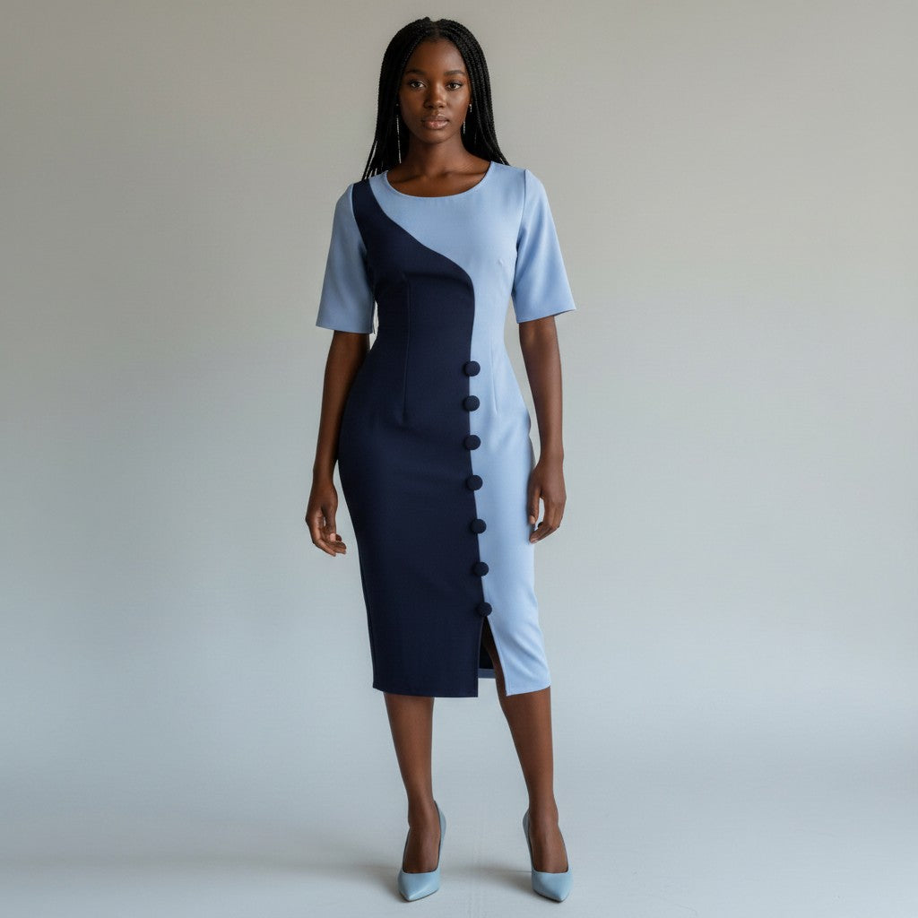 Women's White & Navy Colour Block Button Detail Bodycon Midi Dress
