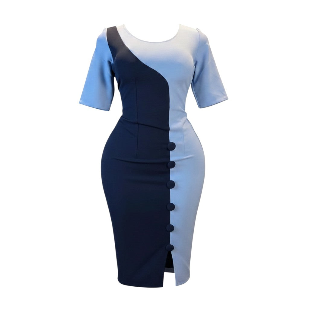 Women's White & Navy Colour Block Button Detail Bodycon Midi Dress