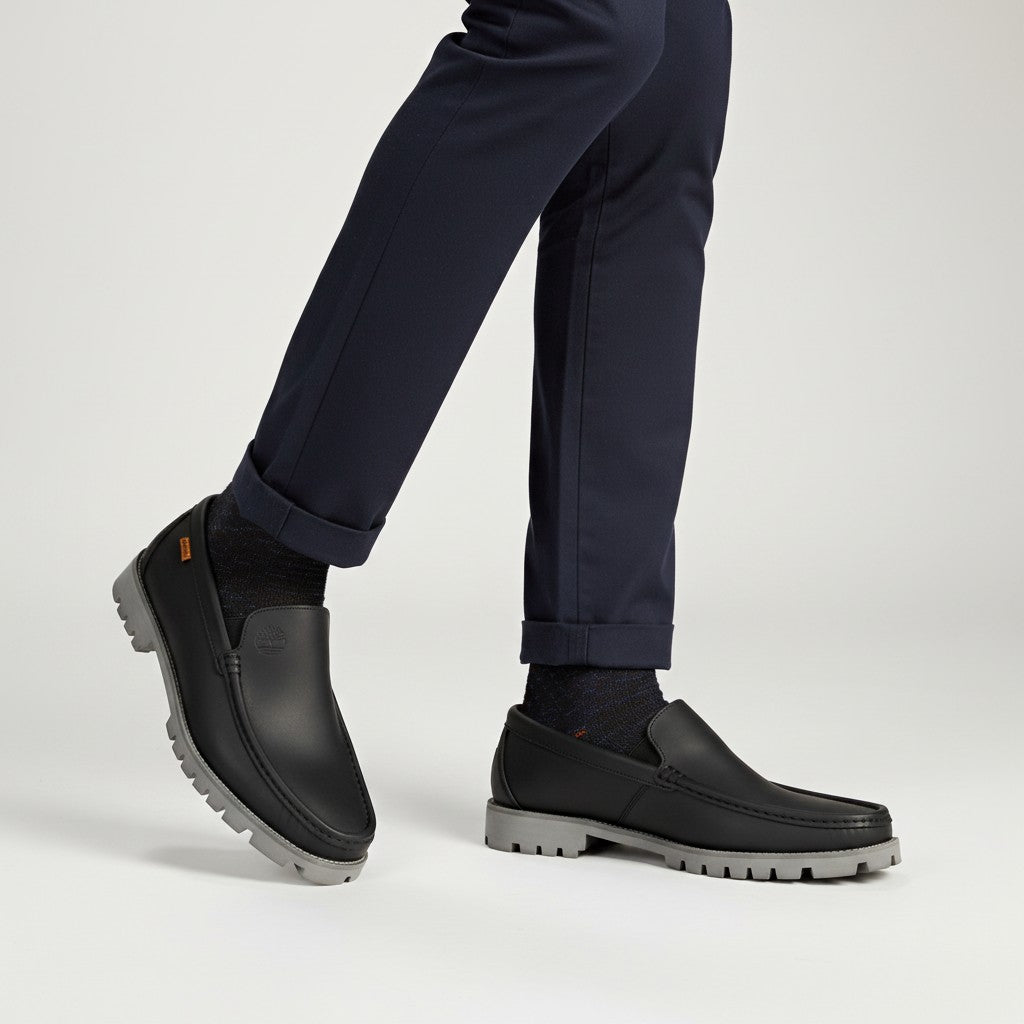 Men's Black Moccasin Slip-On Loafers with White Sole