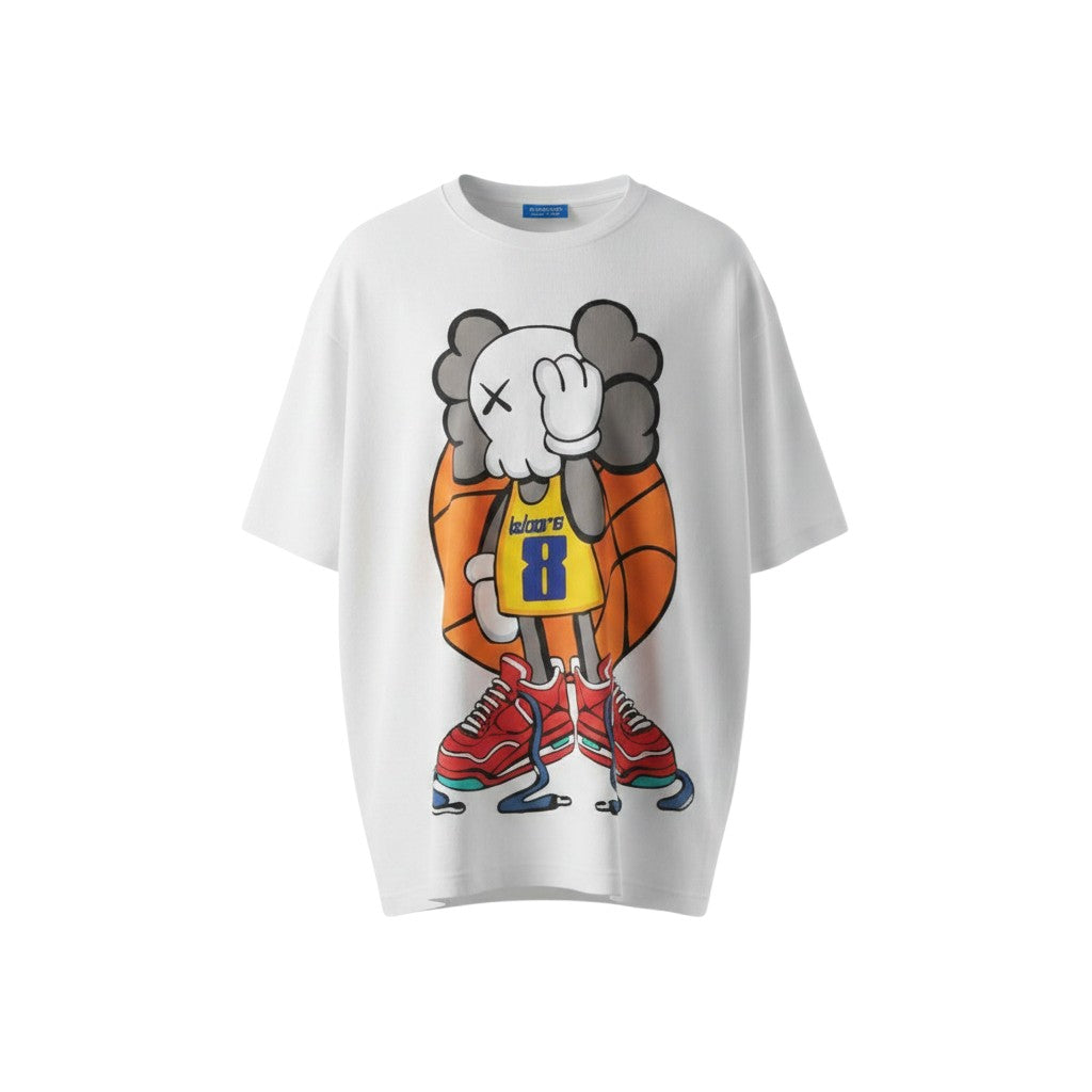 White Basketball Bear Cartoon Graphic Oversized Tee