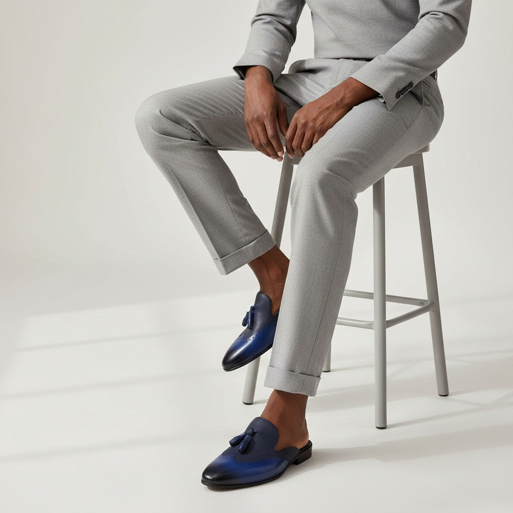 Navy Blue Tassel Brogue Mule Loafer