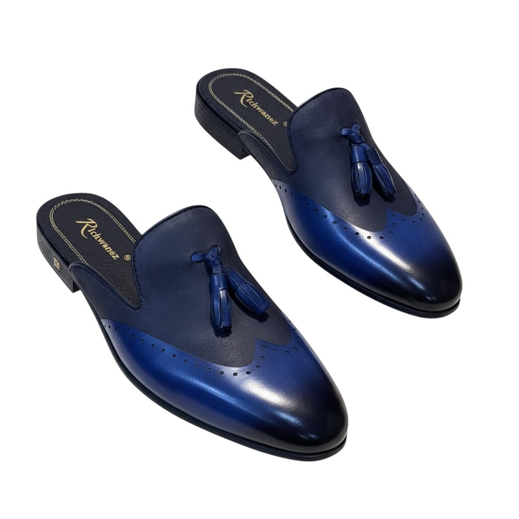 Navy Blue Tassel Brogue Mule Loafer