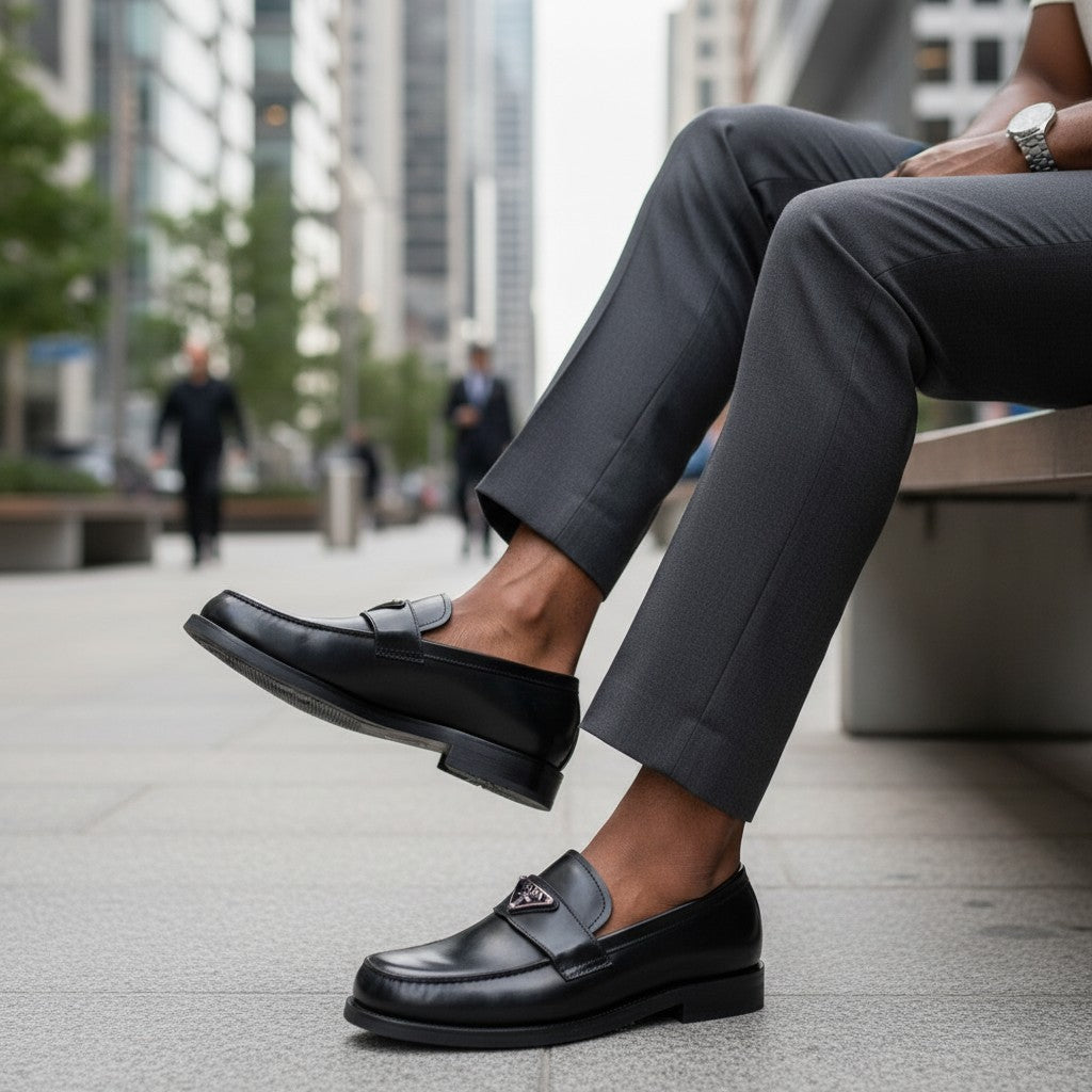 Black Leather Triangle-Logo Dress Loafer