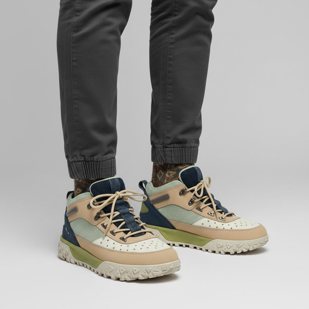 Men's Cream & Sage Green Colour-Block Mid-Top Hiking Boots