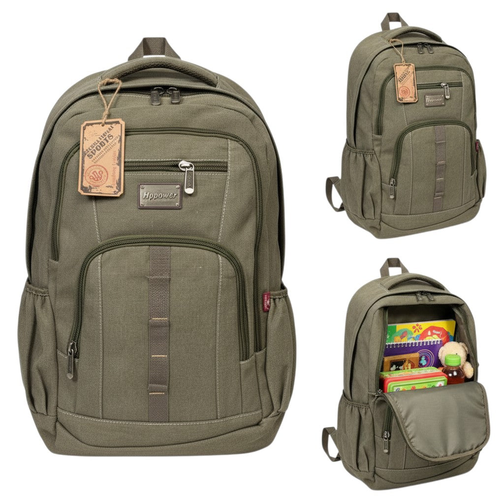 Army Green Heavy-Duty Canvas Multi-Pocket Unisex Backpack