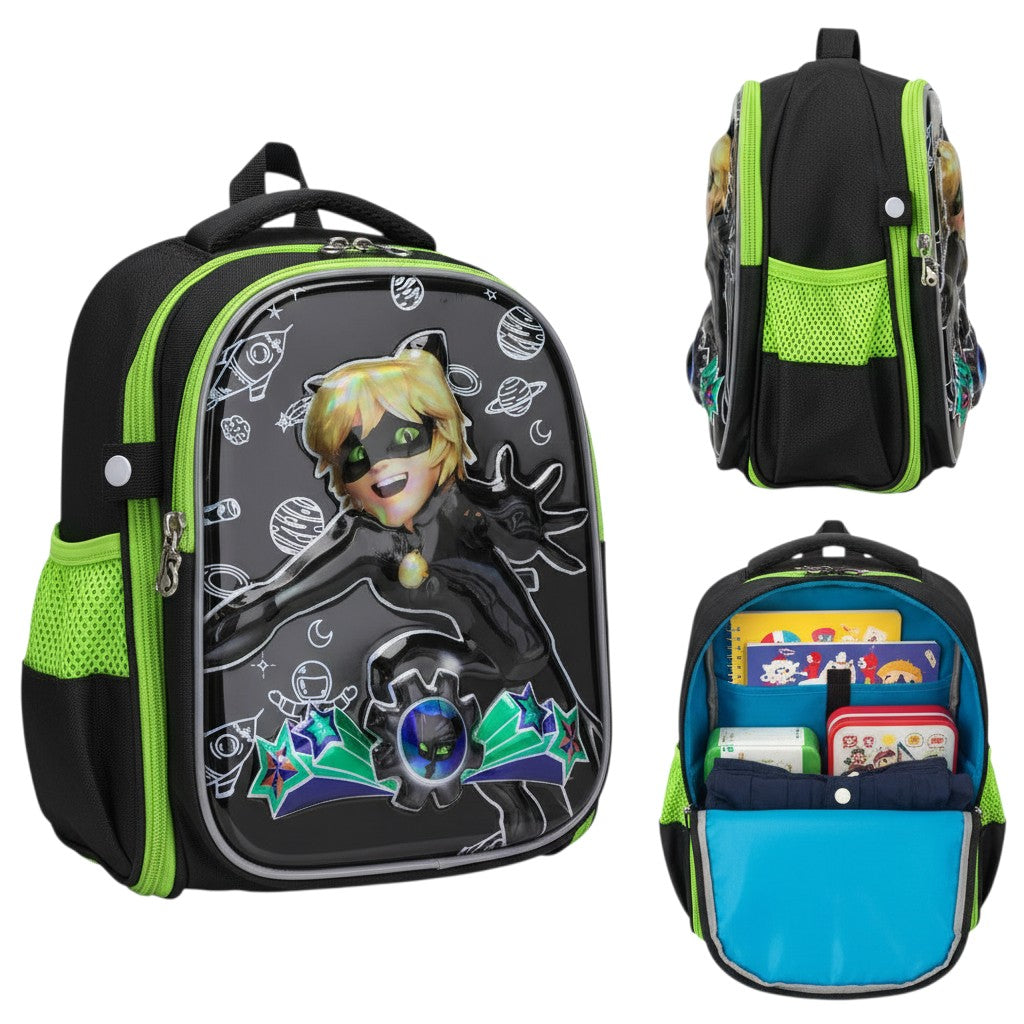 Black Holographic Cat Noir 3D Space Kids School Backpack