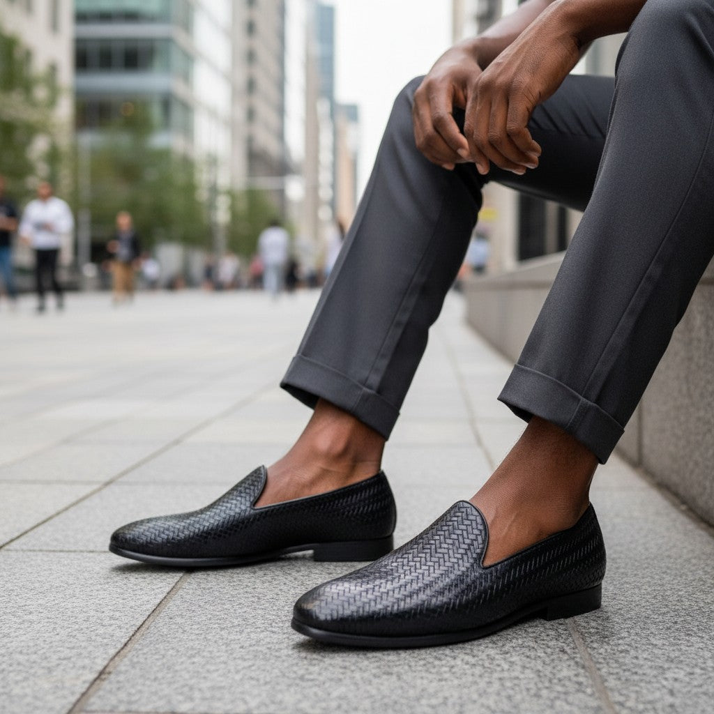 Black Intrecciato Woven Leather Slip-On Dress Loafer