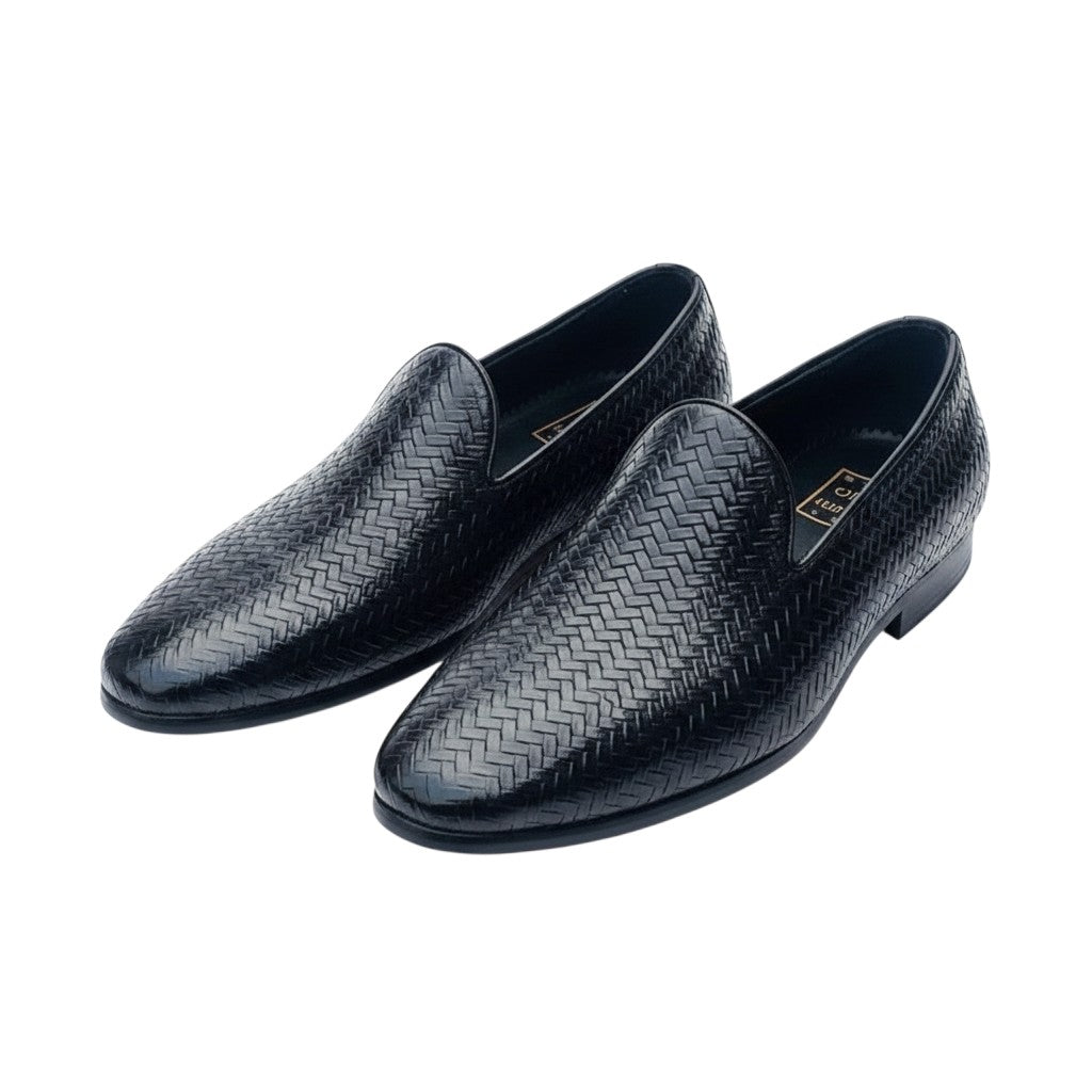 Black Intrecciato Woven Leather Slip-On Dress Loafer