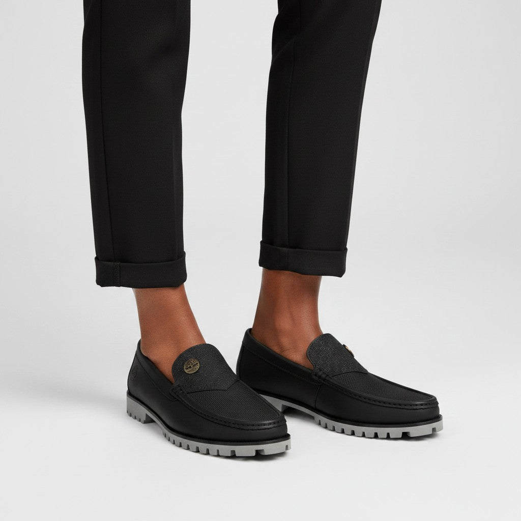 Men's Black Textured Slip-On Loafers with Grey Sole