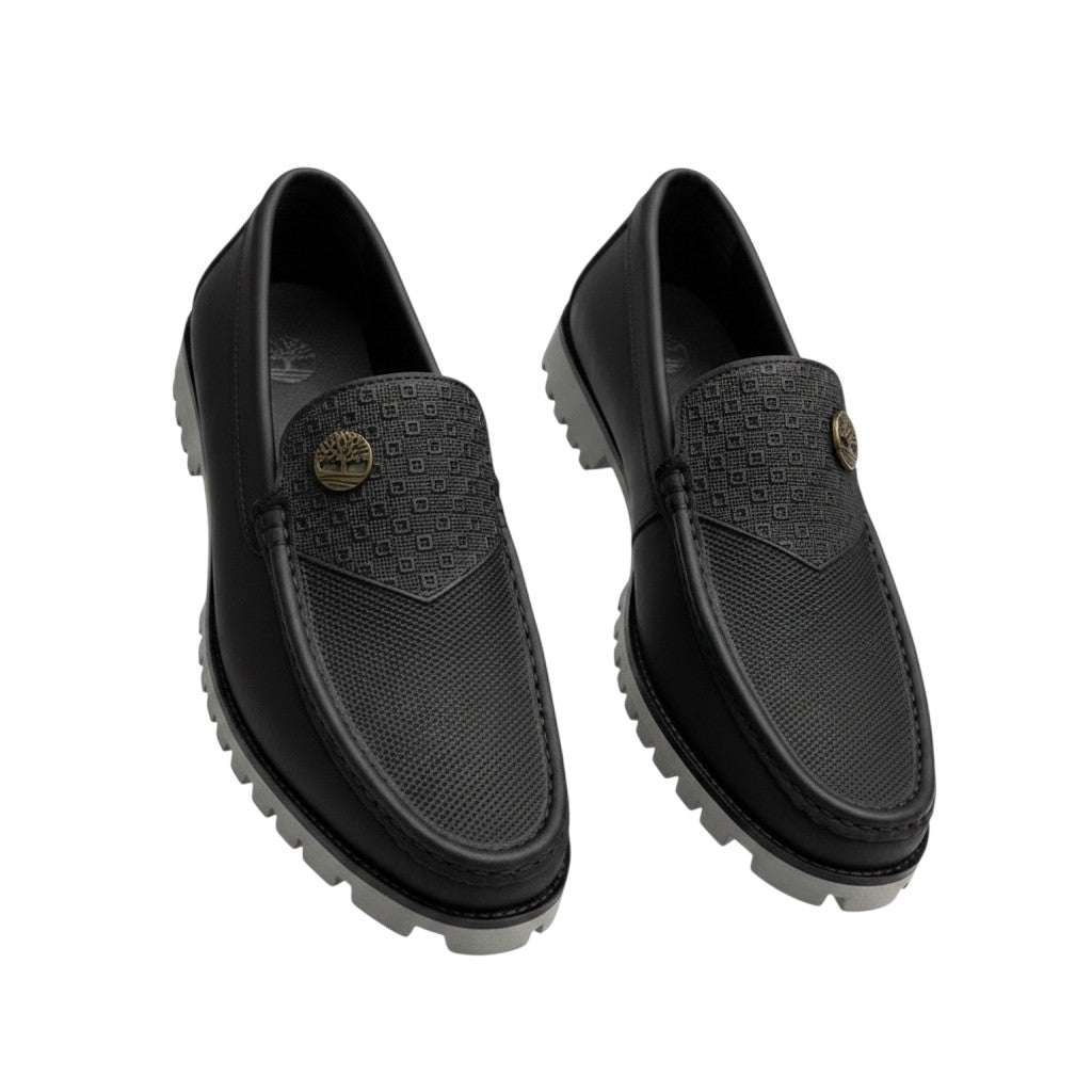 Men's Black Textured Slip-On Loafers with Grey Sole