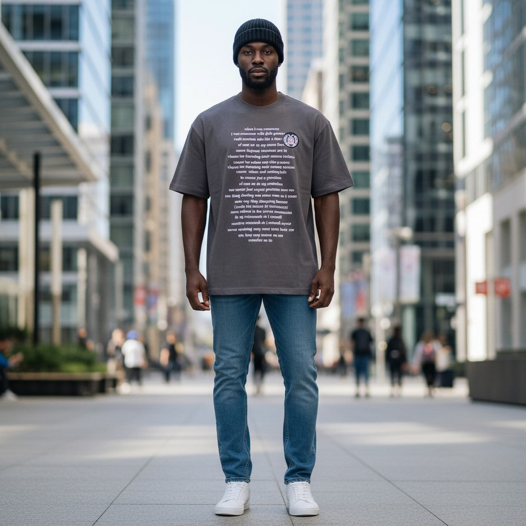 Washed Charcoal All-Over Text Print Oversized Tee