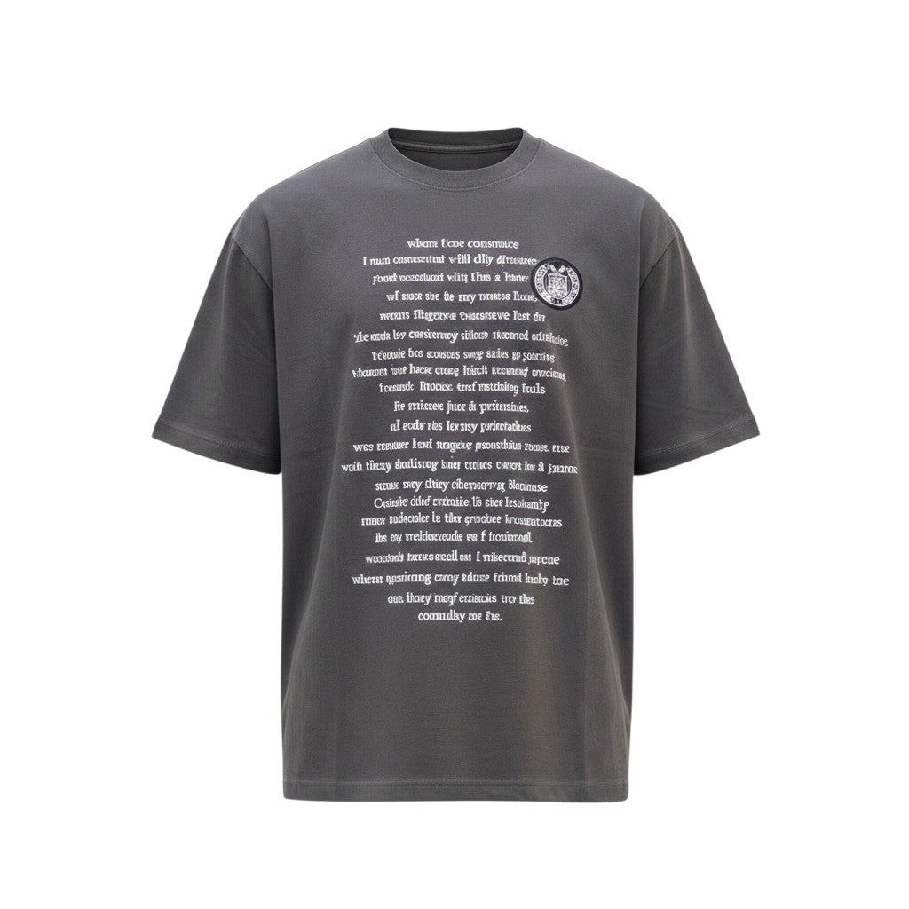 Washed Charcoal All-Over Text Print Oversized Tee