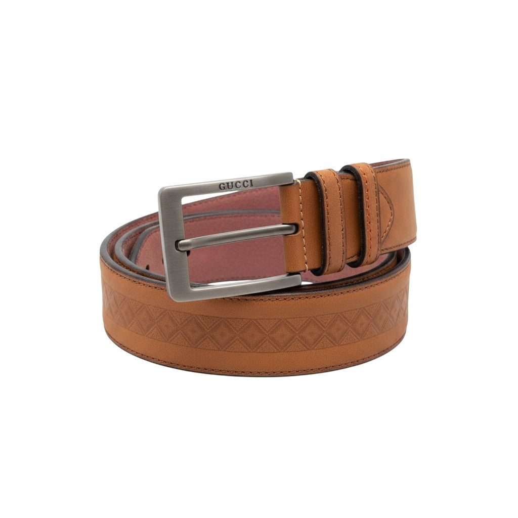 Tan Ostrich Embossed Leather Gunmetal Buckle Belt Men's