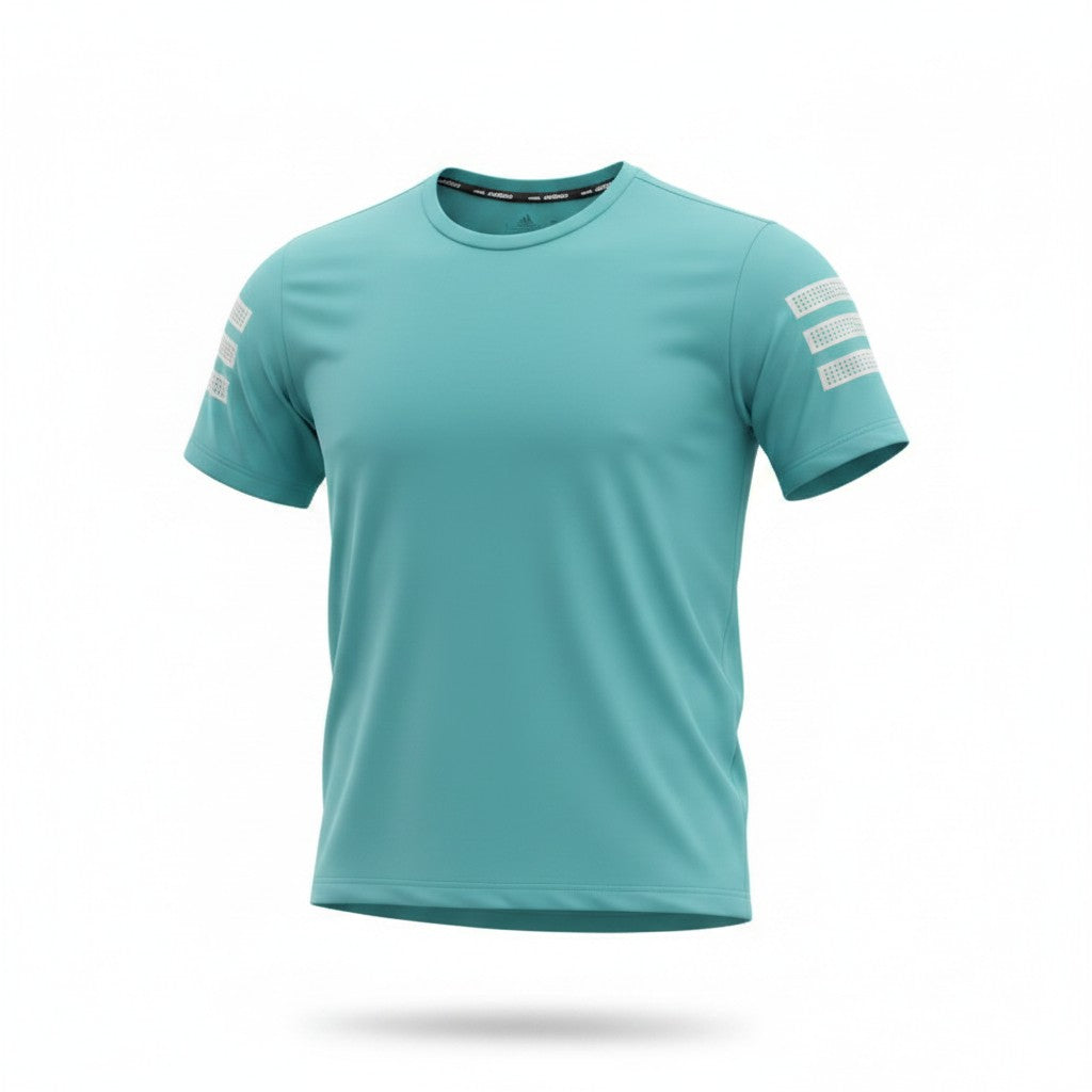 Men's aqua teal sports jersey with sleeve label patches ghost mannequin front view