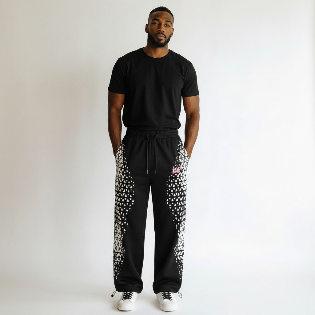 Men's Black Wide-Leg Geometric Panel Print Joggers
