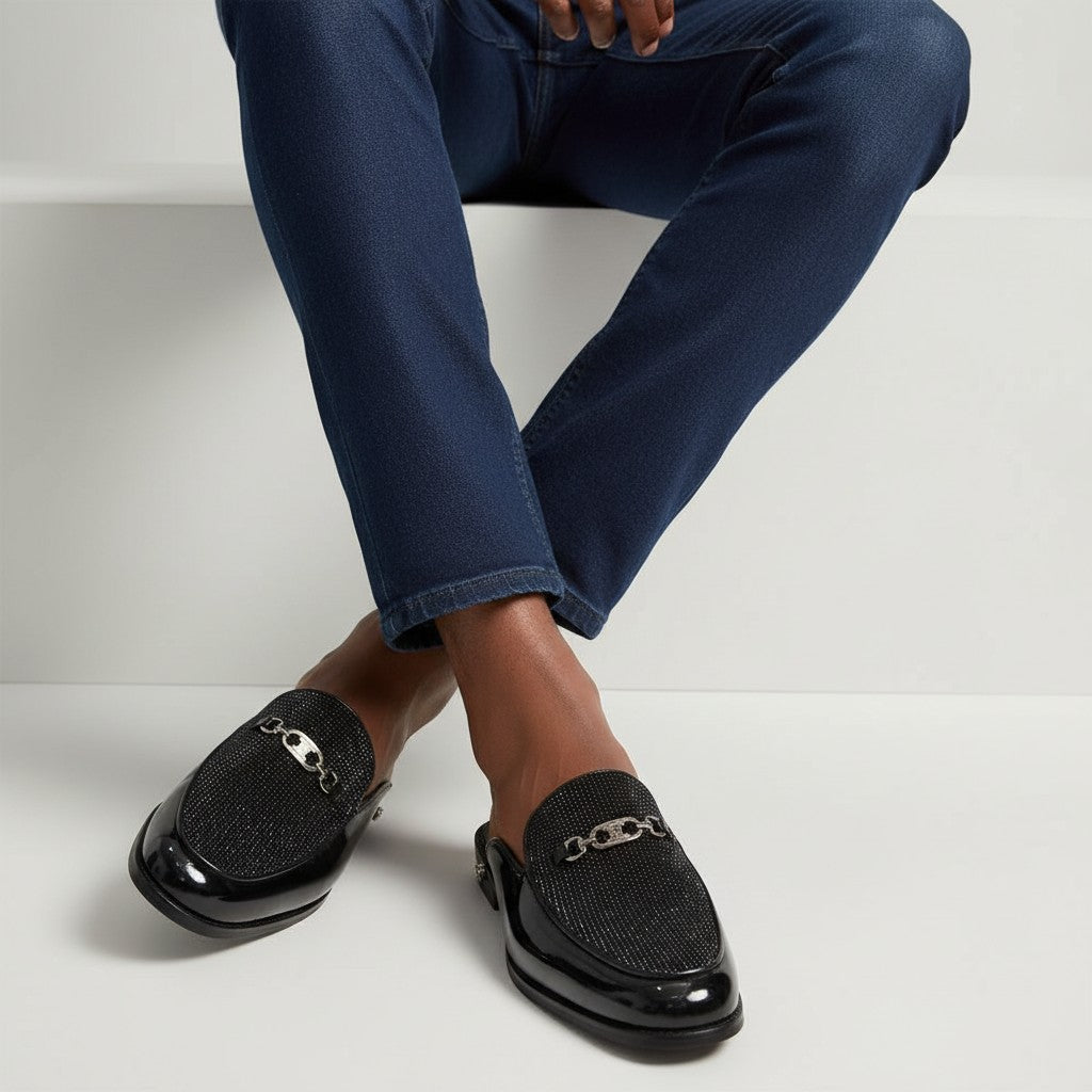 Black Crystal-Studded Chain Mule