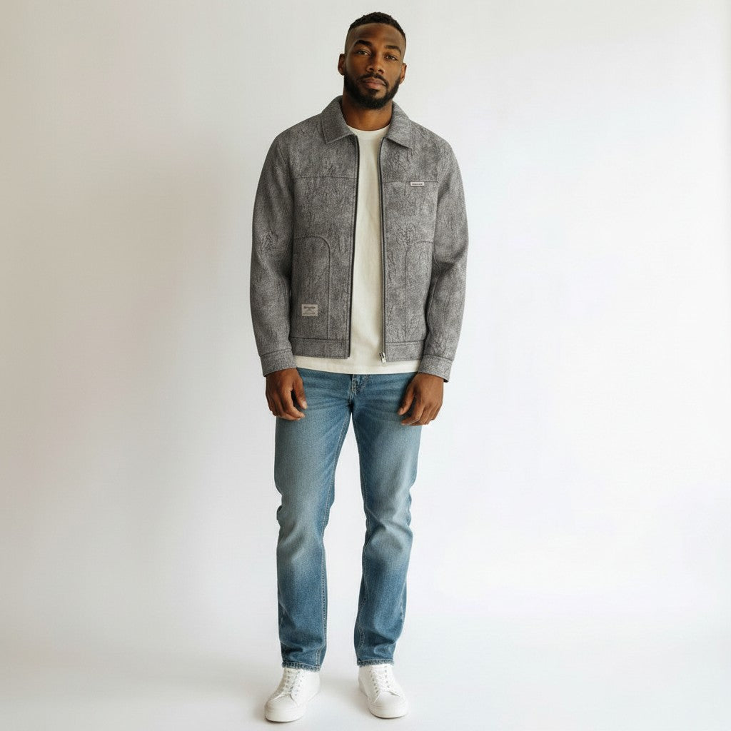 Men's Grey Blue Crinkle Texture Zip-Up Jacket