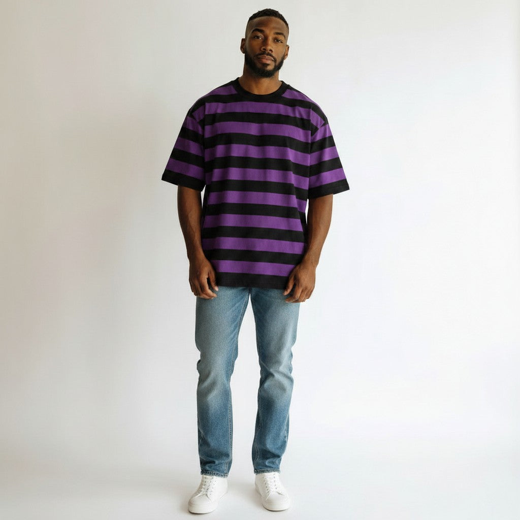 Bold Stripe Round Neck Tee – Purple/Black