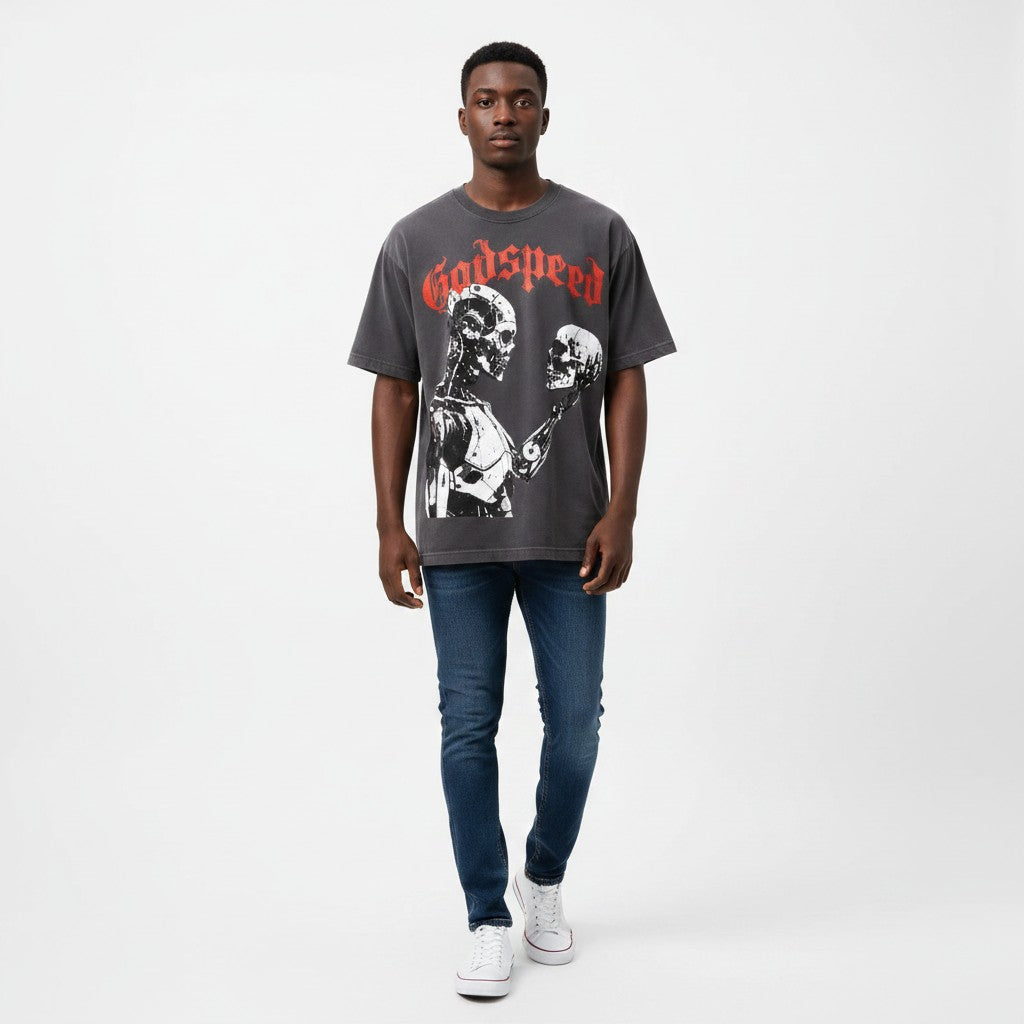 Men's Washed Charcoal Godspeed Gothic Skull Graphic Oversized Tee