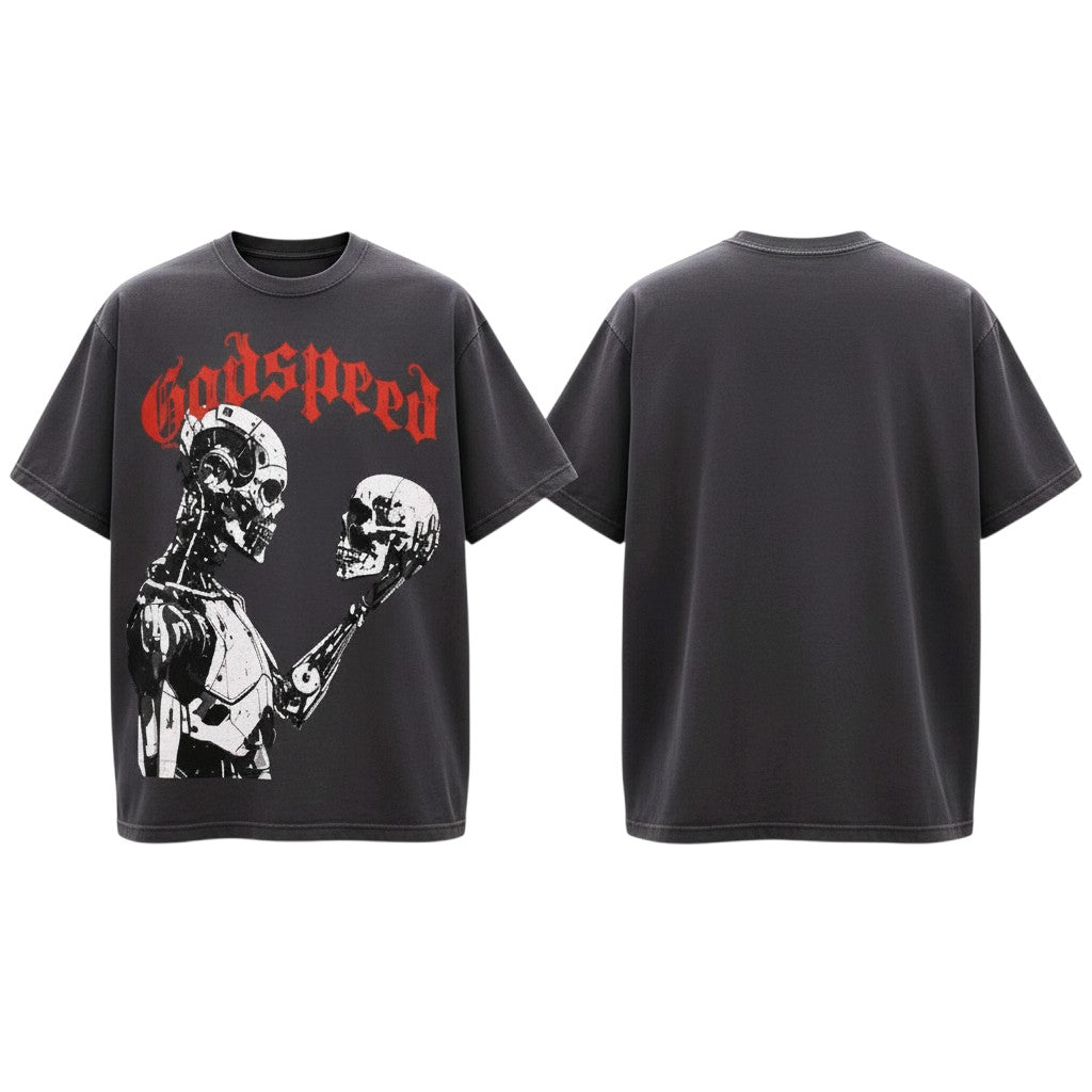Men's Washed Charcoal Godspeed Gothic Skull Graphic Oversized Tee