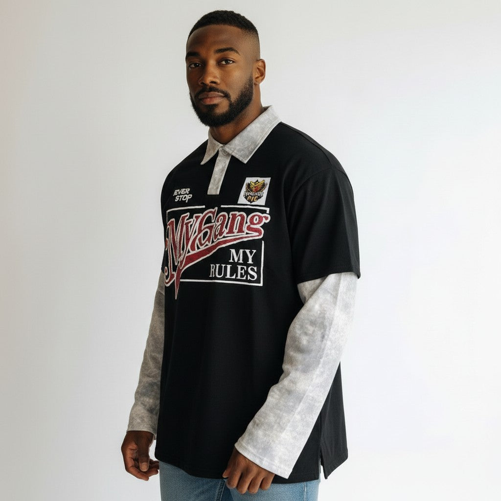 Men's My rules print  Long Sleeve polo tee