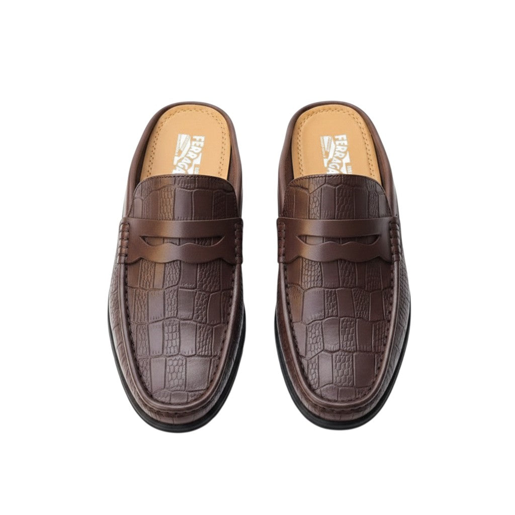 Men's Dark Brown Croc-Embossed Leather Backless Mule Loafers with Penny Strap