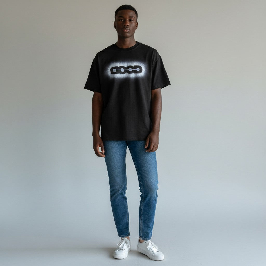 Men's Black Oversized Graphic Tee – Chain Logo Print