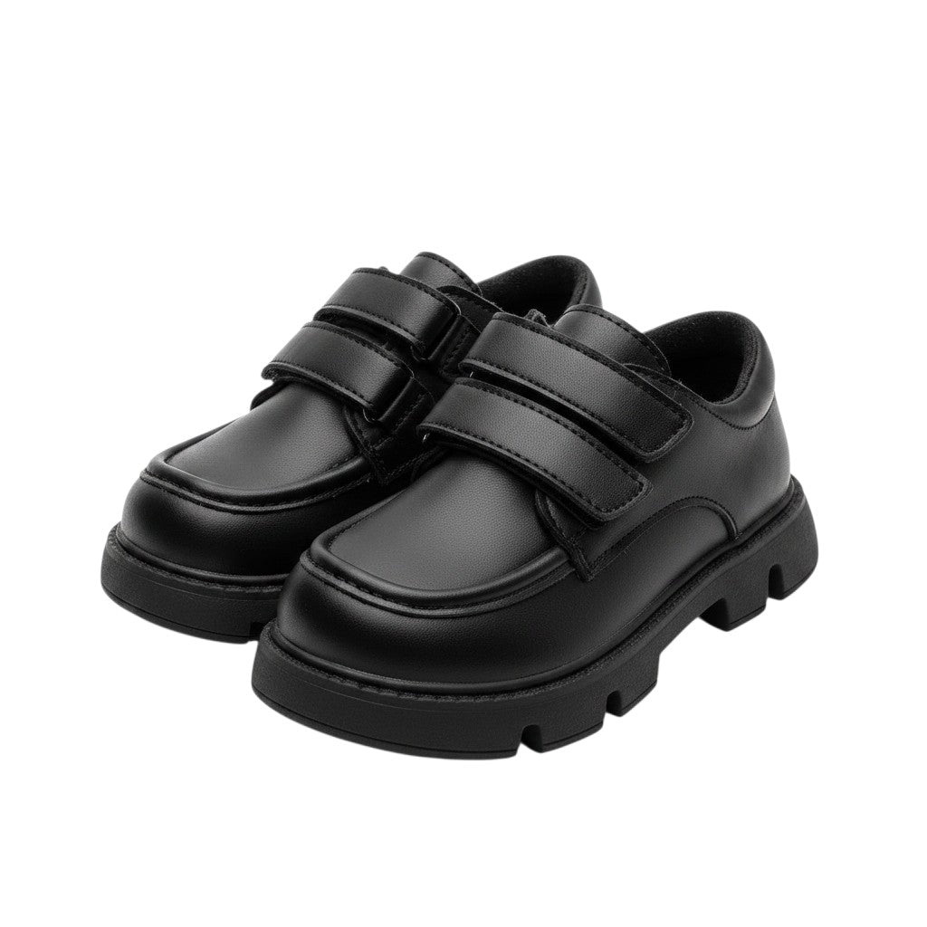 Kids Double Velcro Strap Platform School Shoe – Black