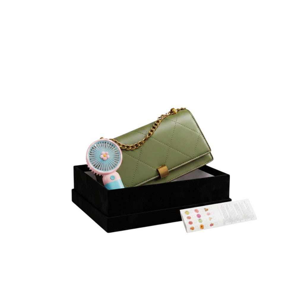 Quilted Leather Crossbody Bag with Mini Fan Set