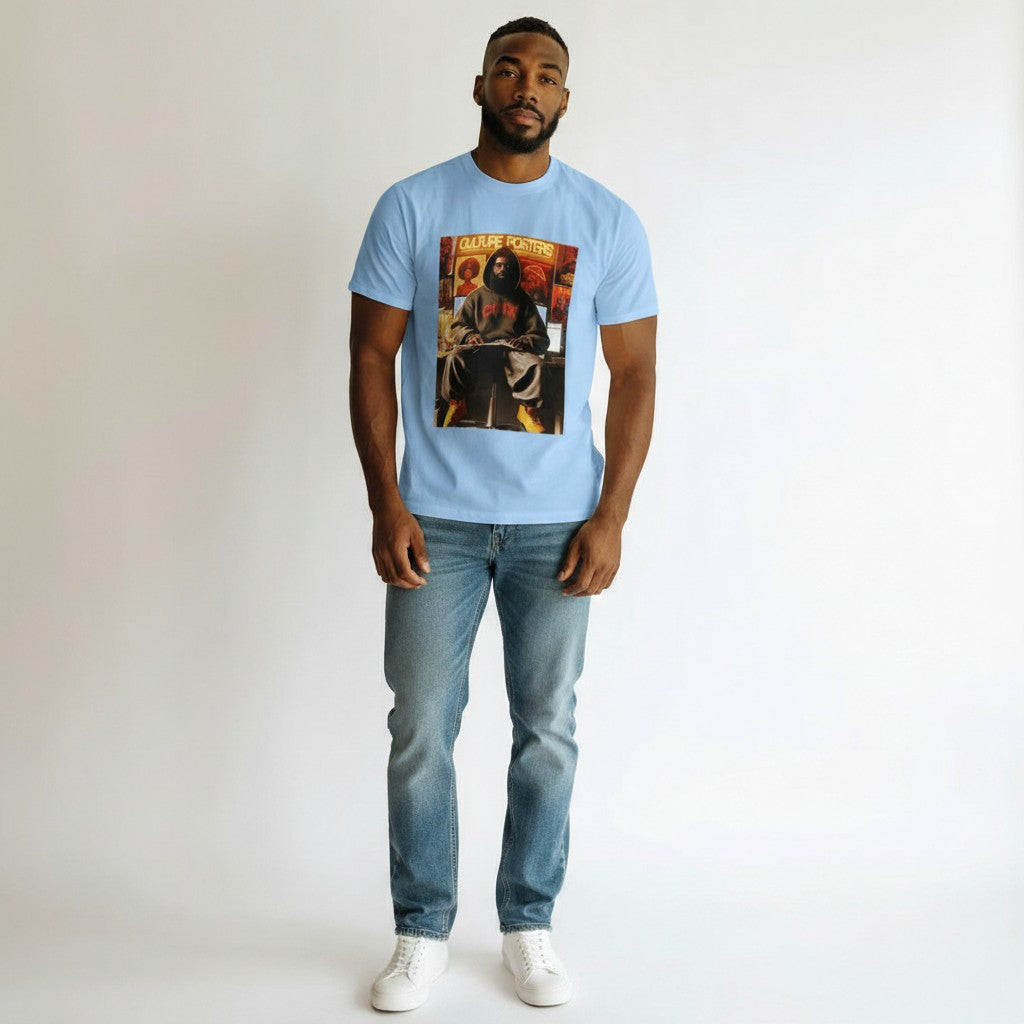 Men's Sky Blue Culture Posters Graphic Oversized Tee