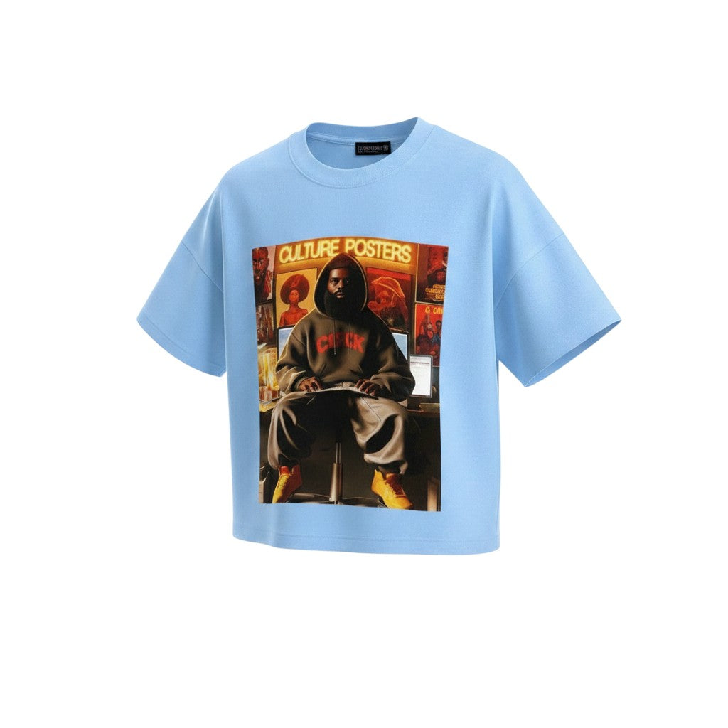 Men's Sky Blue Culture Posters Graphic Oversized Tee