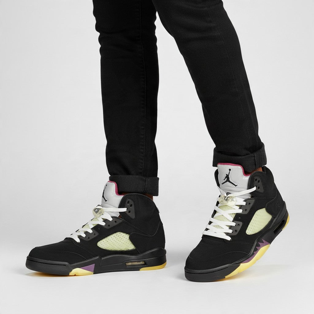 Men’s Black High-Top Sneakers with Yellow Sole Details