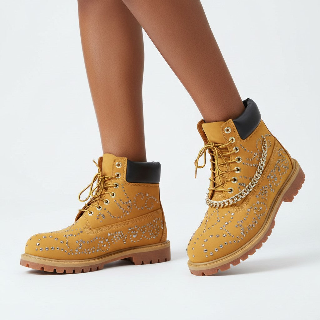 Men's Wheat Suede Crystal-Studded Ankle Boots with Gold Chain Laces