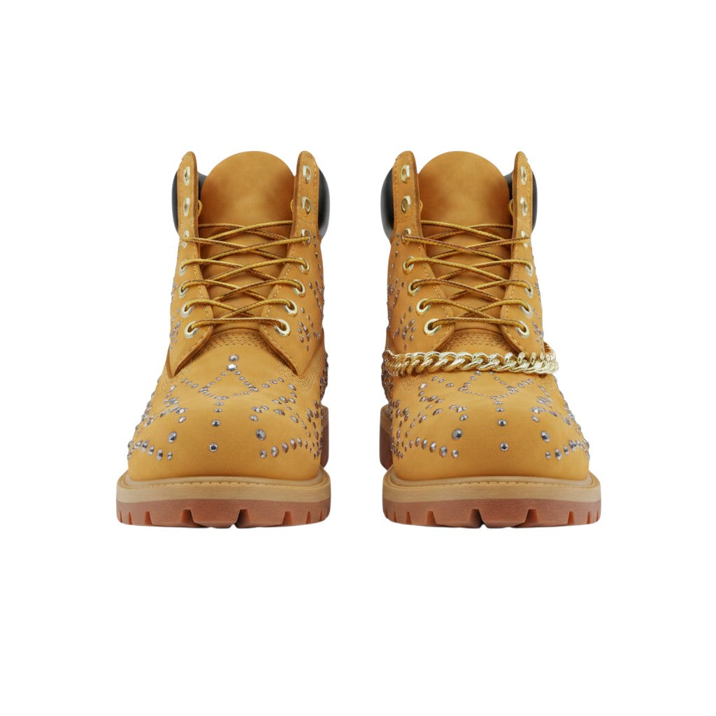 Men's Wheat Suede Crystal-Studded Ankle Boots with Gold Chain Laces