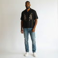 Men's Black Tiger Embroidery Camp Collar Short-Sleeve Shirt