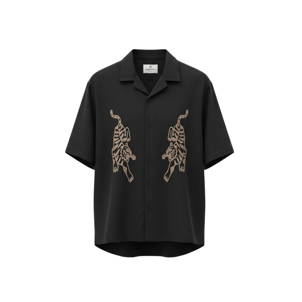 Men's Black Tiger Embroidery Camp Collar Short-Sleeve Shirt