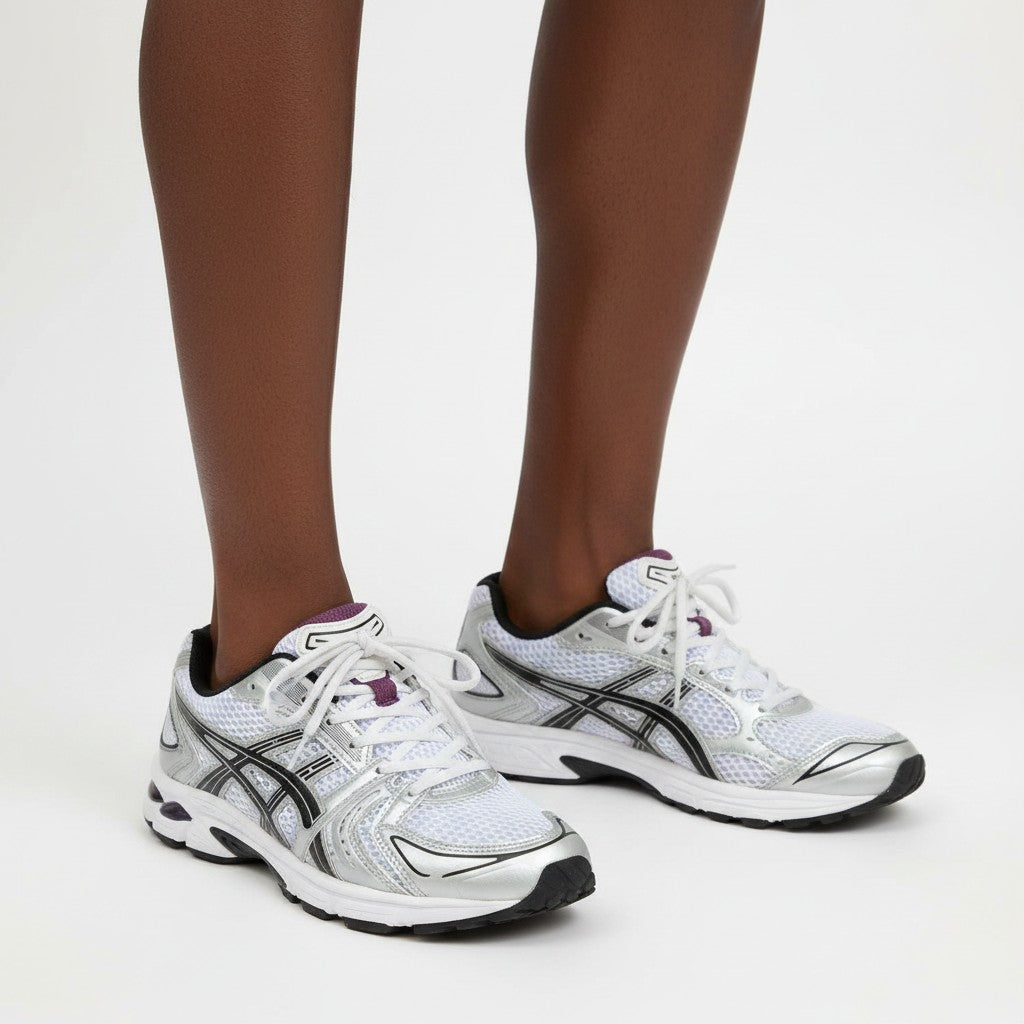 Men's White & Silver Retro Runner Sneakers with Purple Accent and Metallic Overlays