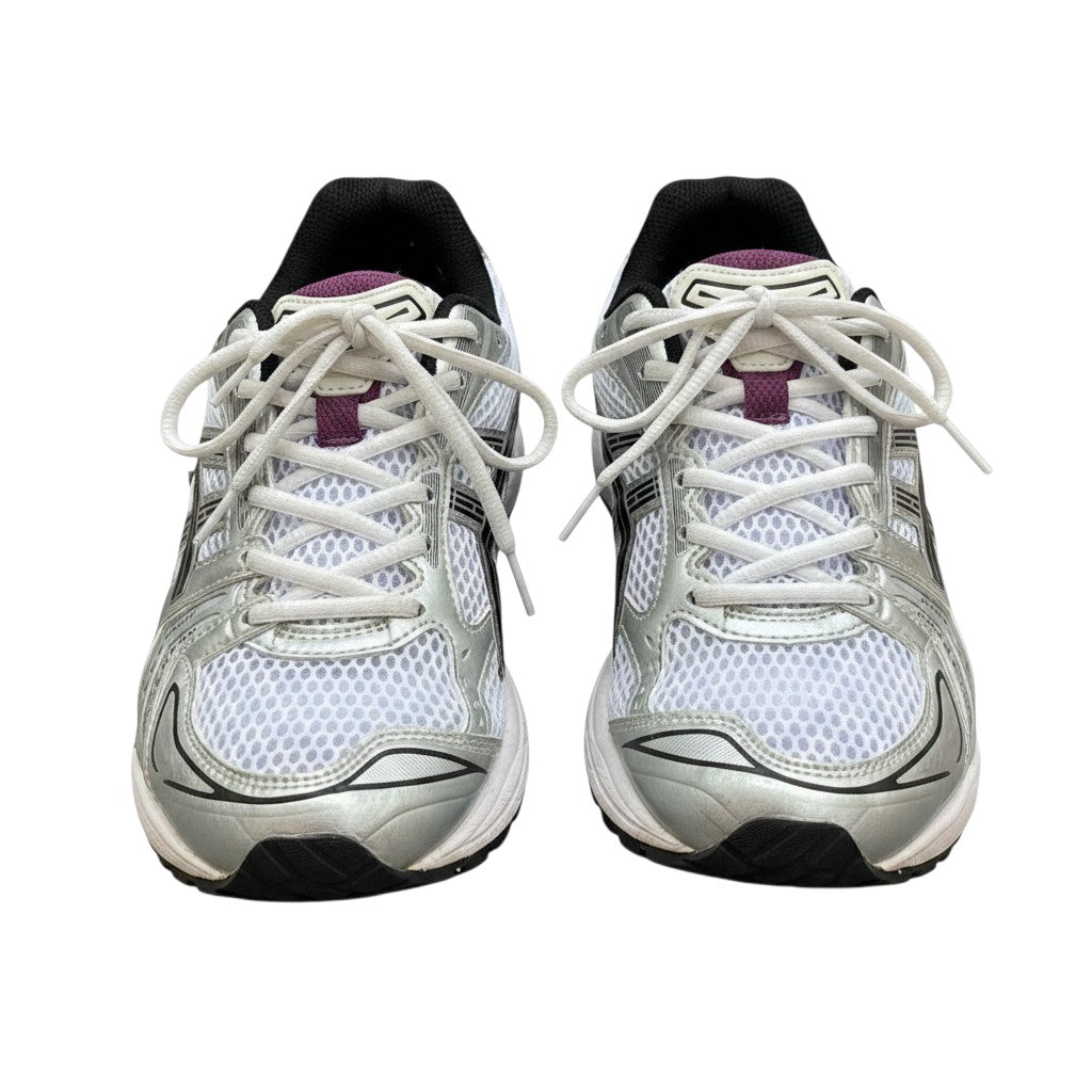 Men's White & Silver Retro Runner Sneakers with Purple Accent and Metallic Overlays