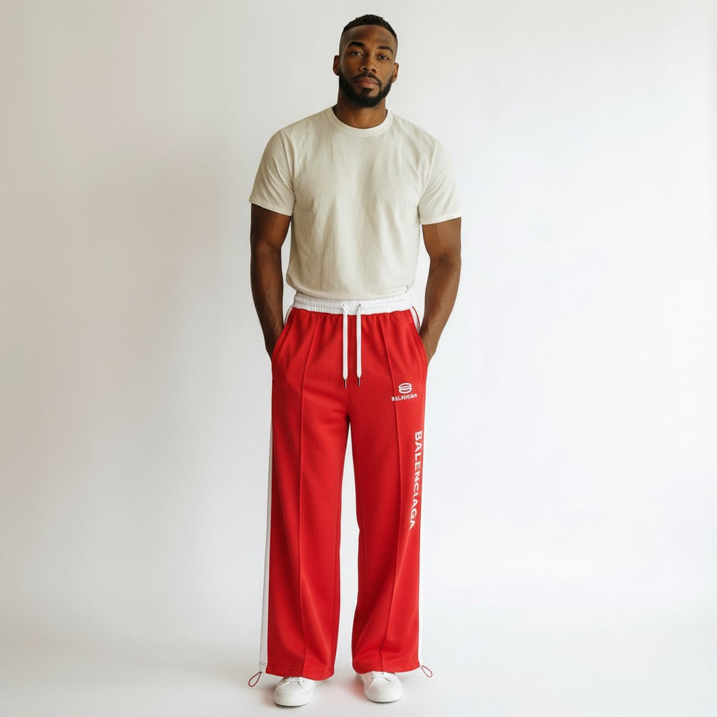 Men's Red Wide-Leg Track Joggers with White Side Stripe