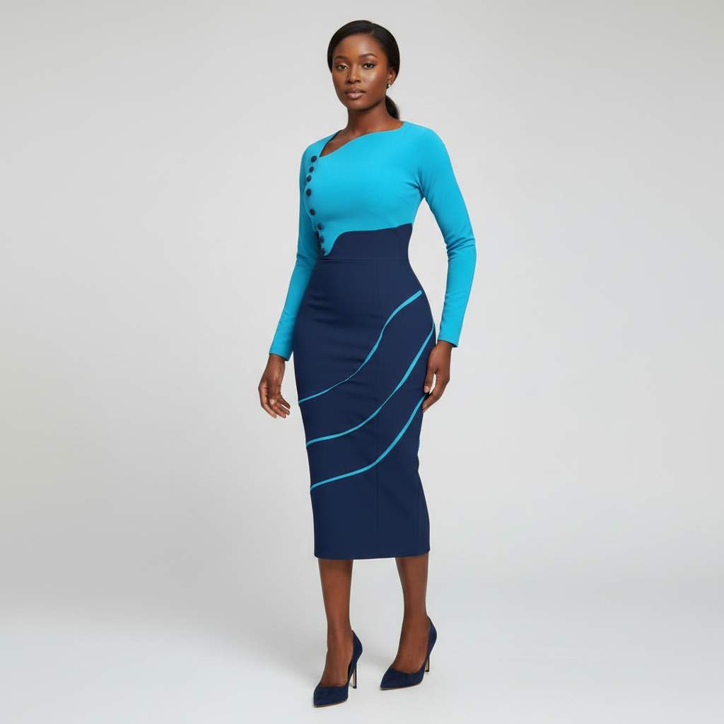 Women's Cyan & Navy Colour Block Stripe Trim Bodycon Midi Dress
