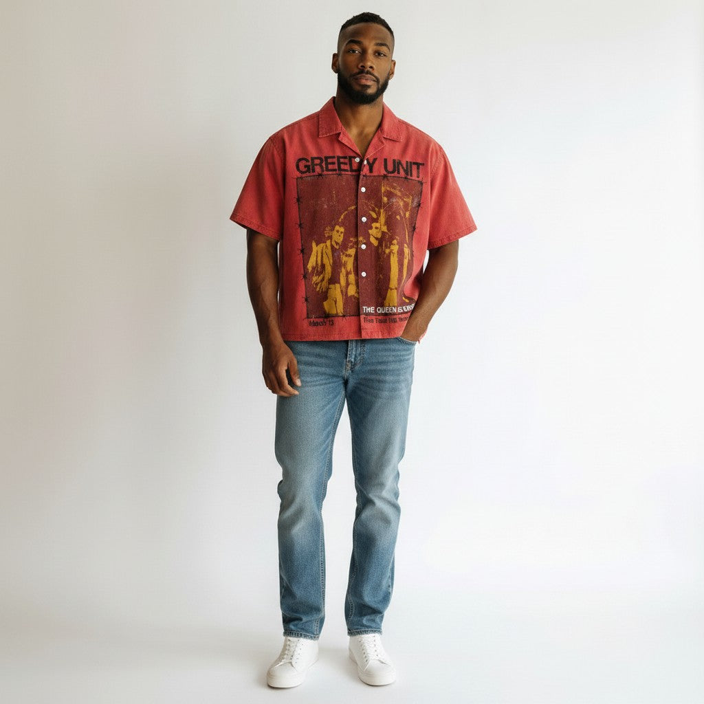 Men's Red Vintage Poster Print Cuban Collar Shirt