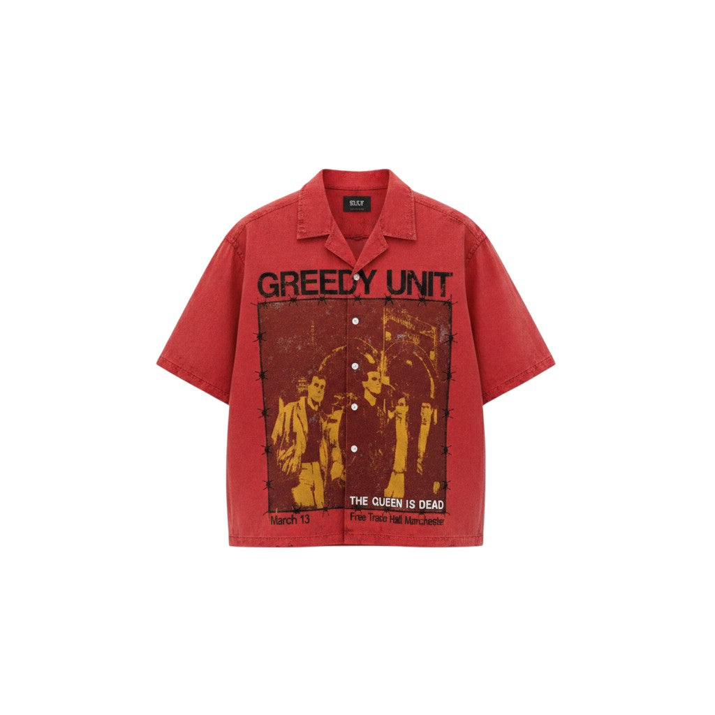 Men's Red Vintage Poster Print Cuban Collar Shirt